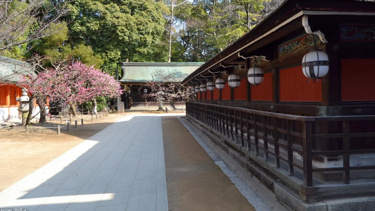 Dazaifu Tenmangu shrine main hall and the bronze bull statue with worn patina from worshippers' hands